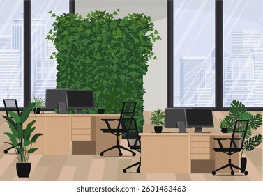 Modern office interior with panoramic windows and plants accents.