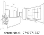 Modern office interior with reception desk and plant empty waiting room area