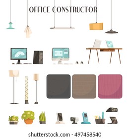 Modern office interior space design planning cartoon icons set with colors and accessories samples abstract vector illustration 