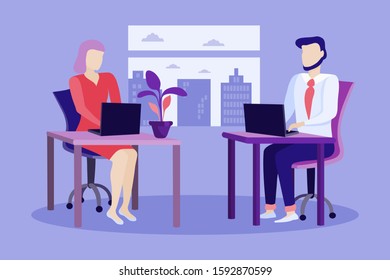 Modern office interior with staff. Creative office workspace.People in a tricky office design concept for web banners, infographics. Workers at work. Vector illustration of a flat plane style.