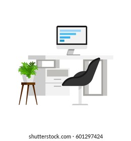 Modern office interior with table, chair, computer and plant vector illustration. 