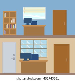 Modern office interior with table in flat design. Interior office room.