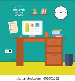 Modern Office Interior. Vector Flat Style.Workplace Empty Chair Desk Flat Vector Illustration, EPS10