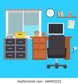 Modern Office Interior. Vector Flat Style.Workplace Empty Chair Desk Flat Vector Illustration, EPS10