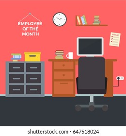 Modern Office Interior. Vector Flat Style.Workplace Empty Chair Desk Flat Vector Illustration, EPS10
