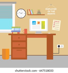 Modern Office Interior. Vector Flat Style.Workplace Empty Chair Desk Flat Vector Illustration, EPS10
