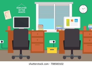 Modern Office Interior. Vector Flat Style.Workplace Empty Chair Desk Flat Vector Illustration, EPS10