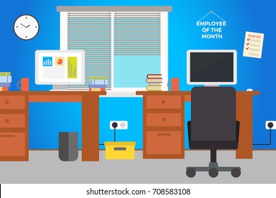 Modern Office Interior. Vector Flat Style.Workplace Empty Chair Desk Flat Vector Illustration, EPS10