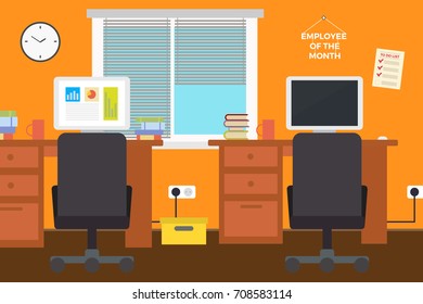 Modern Office Interior. Vector Flat Style.Workplace Empty Chair Desk Flat Vector Illustration, EPS10