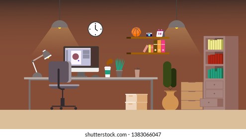 Modern office interior vector illustration. Workplace Desk Documents Papers Folder Office Stuff.