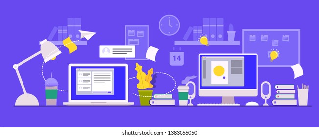 Modern office interior vector illustration. Workplace Desk Documents Papers Folder Office Stuff