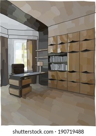 Modern office interior, vector illustration in sketchy style, yellow, beige, brown colors.