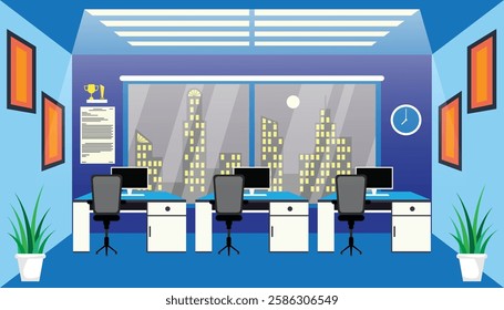 Modern Office Interior vector illustration with office desk and chair at night
