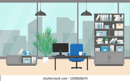 Modern office interior with window, furniture and plant on the floor. Vector illustration.
