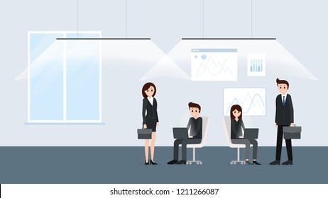 Modern office interior with workers poster vector illustration. People working together close teamwork and communication co-workers in friendly and noisy environment. Graphs on background
