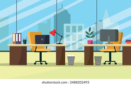 Modern office interior. Workplace with computers, tables and chairs. Flat vector illustration.