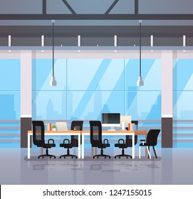 modern office interior workplace desk creative co-working center workspace cityscape background flat