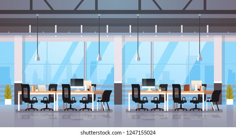 modern office interior workplace desk creative co-working center workspace cityscape background flat horizontal
