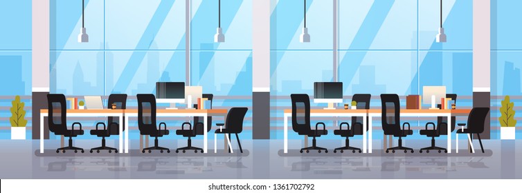 modern office interior workplace desk creative co-working center workspace cityscape background flat horizontal banner