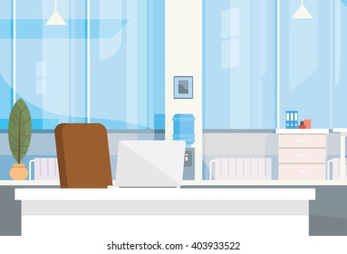 Modern Office Interior Workplace Empty Chair Desk Flat Vector Illustration