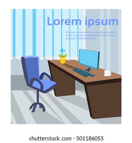 Modern Office Interior Workplace Empty Chair Desk Flat Vector Illustration