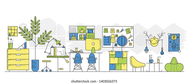 Modern office interior. Workplace environment with furniture: chairs, desk, shelves for documents, computer, notice board, lamps, plant. Creative workspace for co-working. Vector flat illustration.