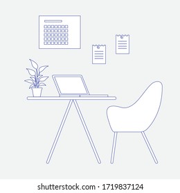 Interior de oficina moderno. Entorno del lugar de trabajo en gris: escritorio, sillón, portátil, cubo de basura, maceta de flores, calendario, notas. 