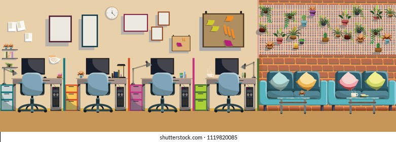 Modern Office Interior workplace and relax place, Flat Vector Illustration