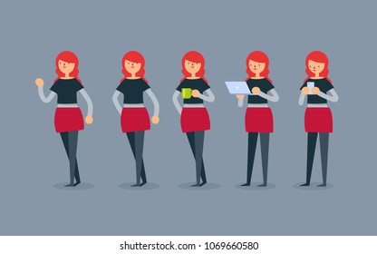 Modern office lady character in various action, flat graphic