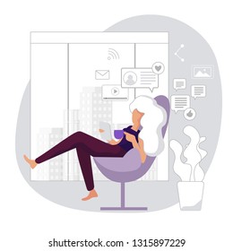 Modern Office Lifestyle. Office Break Time. Young Woman sends Emails friends. Comfortable Workingspace. Beautiful blonde Girl drinking coffee while Sitting Chair and Working Laptop.