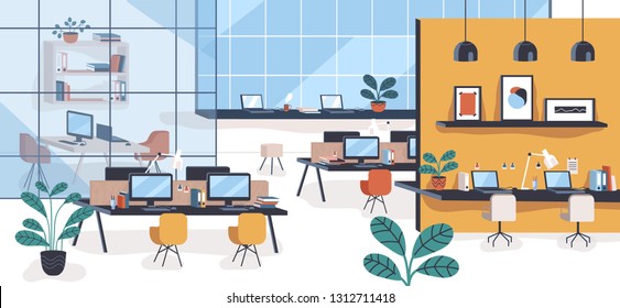 Modern office or open space with desks, computers, chairs. Comfortable co-working area or shared workplace full of stylish furniture and interior decorations. Colorful flat vector illustration.