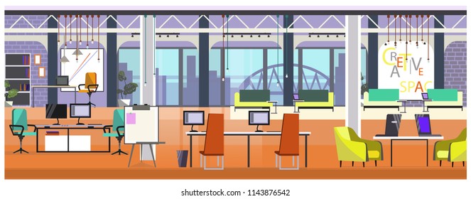 Modern office with panoramic window vector illustration. Table with computers and chairs in spacious open space. Interior illustration