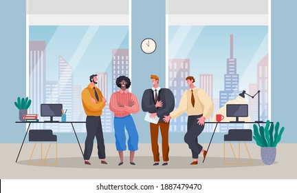 Modern office, panoramic windows with cityscape. Group of office workers stands and communicates. Coffee break. Work tables with monoblocks, stationery, decorative potted plants. Modern young men