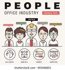 Modern office people industry. Thin line business day concept. Coworking creative and meeting teamwork elements. Corporate human infographics and icons idea concept symbol.