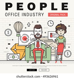 Modern office people industry. Thin line business day concept. Coworking creative and meeting teamwork elements. Corporate human infographics and icons idea concept symbol.