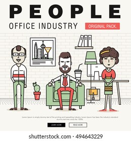 Modern office people industry. Thin line business day concept. Coworking creative and meeting teamwork elements. Corporate human infographics and icons idea concept symbol.