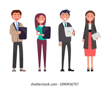 Modern office people with tablets or documents. Cheerful men and women in formal clothes hold smart devices isolated cartoon vector illustrations.