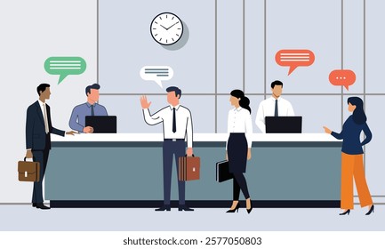 Modern office reception area with professionals in formal attire engaging in conversations 
including laptops, and speech bubbles. concept for Customer service, help desk, reception, Client relations