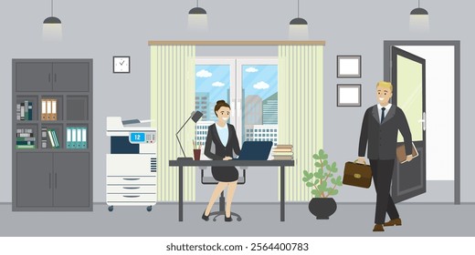 Modern office room and caucasian businesswoman or female office worker and businessman. Window, open door, flowers and plants in pots and modern furniture, cartoon vector illustration