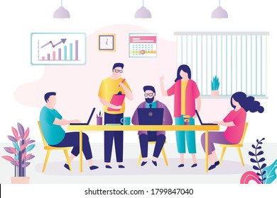 Modern office room interior. Businesspeople group at workplace. Team solution of tasks and problems in office. Joint work, discussion and brainstorming. Teamwork, new project development. Flat vector