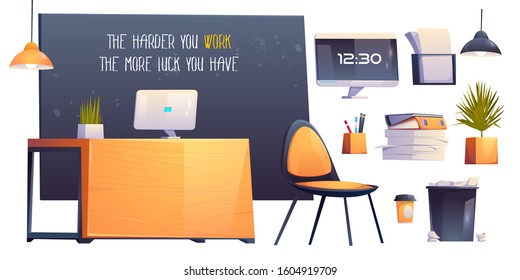 Modern office room interior with desk, computer and chair. Vector cartoon workplace and furniture for business, education or work, wood table, quote on blackboard and papers