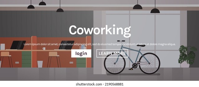 Modern office room interior and empty coworking center creative open space with furniture concept horizontal flat vector illustration.