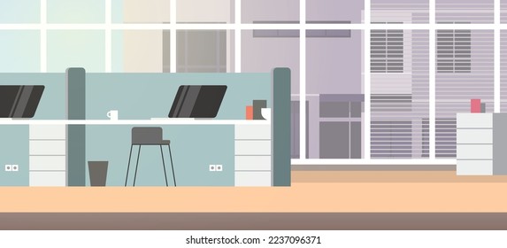 Modern office room interior and empty coworking center creative open space with furniture horizontal flat vector illustration.