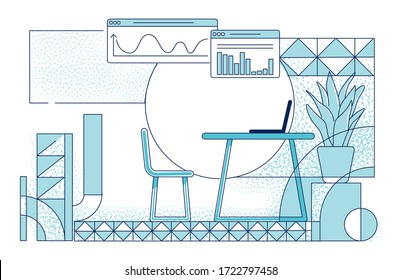 Modern office room interior outline vector illustration. Contemporary company employee workplace design contour composition on white background. Corporate worker desk simple style drawing