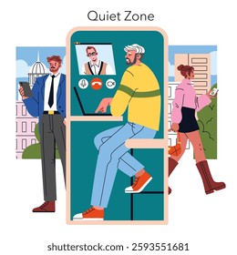 Modern office scene featuring a "Quiet Zone" where individuals engage in virtual meetings. The illustration shows the need for focused workspaces amid urban activity and social interactions. Vector