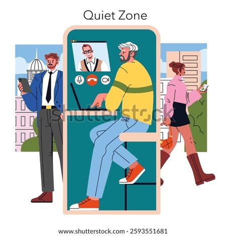 Modern office scene featuring a "Quiet Zone" where individuals engage in virtual meetings. The illustration shows the need for focused workspaces amid urban activity and social interactions. Vector