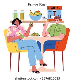 Modern office scene featuring two people enjoying healthy snacks and drinks at a fresh bar. Focus on social interaction and wellness culture in a vibrant workspace atmosphere.