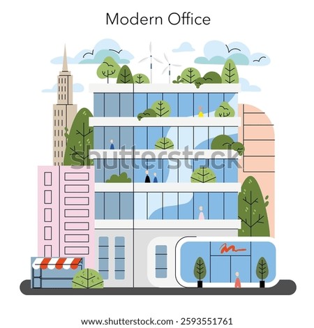 Modern office scene with greenery, showcasing a contemporary building integrated into an urban environment. Features people working, wind turbines, and surrounding trees, promoting sustainability and