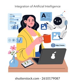 Modern office scene showcasing the integration of artificial intelligence in daily work. A woman engages with AI while enjoying her coffee, featuring digital tools and data on screen. Vector