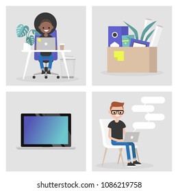 Modern office set. Collection of business images. Millennials at work. Characters and objects. Flat editable vector illustration, clip art